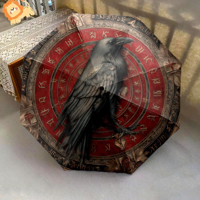 Rune Raven pattern, automatic folding umbrella, portable and foldable design, 8 ribs, a Christmas or birthday gift.