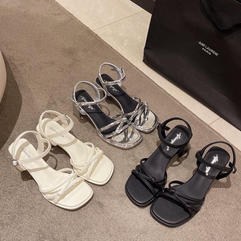 Fashion Lazyseal Straps Women Heels Sandals Buckle Silver Solid Color Sexy Summer Shoes for Woman 2025 New Fashion Party Shoes
