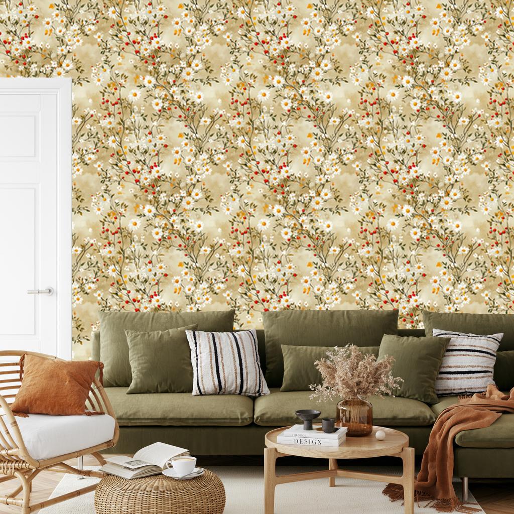 Daisies Beige and Gold Wallpaper for Living Room and Bedroom 50x1000