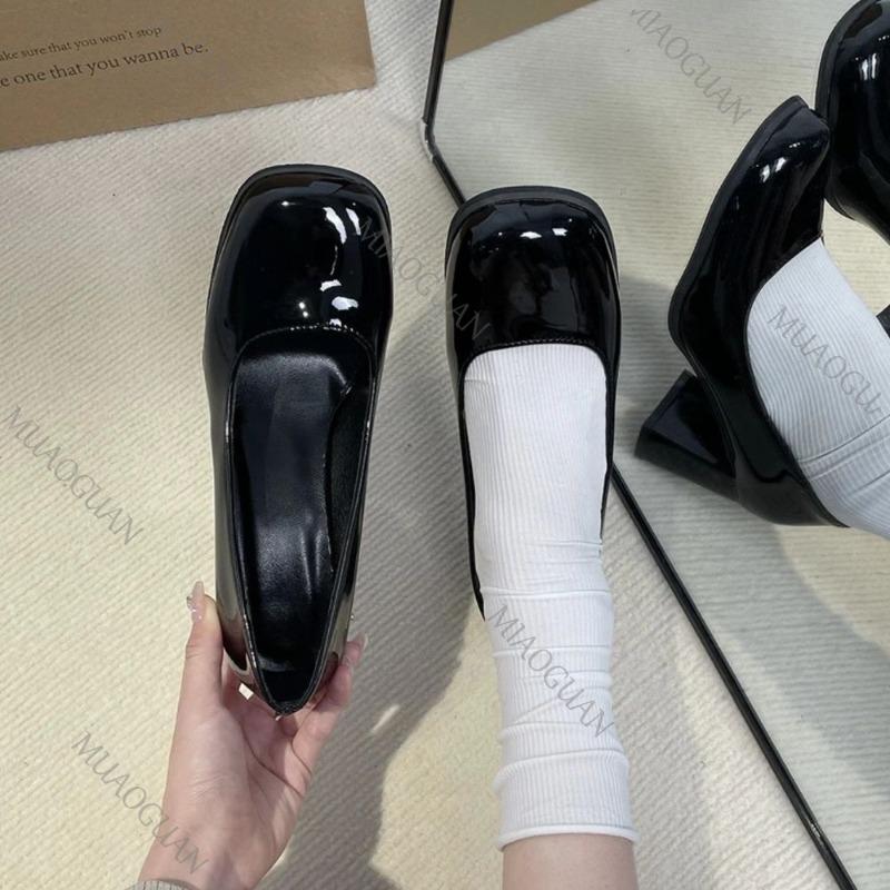 Fashion Elegant Woman Heeled Shoes Black Leather Thick High Heels Female Spring Autumn Women's Pumps Sexy Square Toe Shoes Women Heels