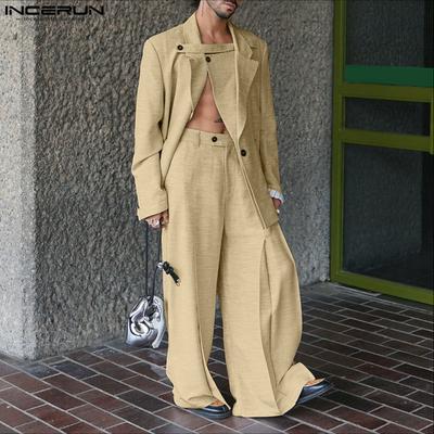 Men Sets Lapel Neck Wrap Blazer Tops and Trousers Long Pants Casual Suits Outfits