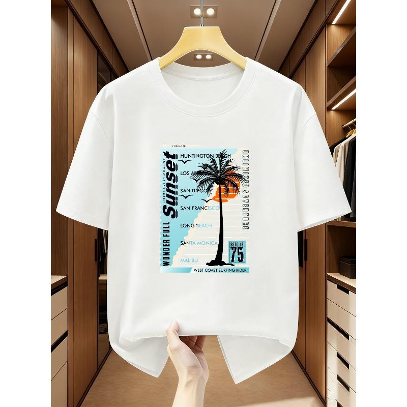 Men s T-Shirt Cotton West Coast Surfer Rider Style: California Beach City Print Short-Sleeved T-Shirt, Comfortable Casual Short-Sleeved T-Shirt 2XL белый