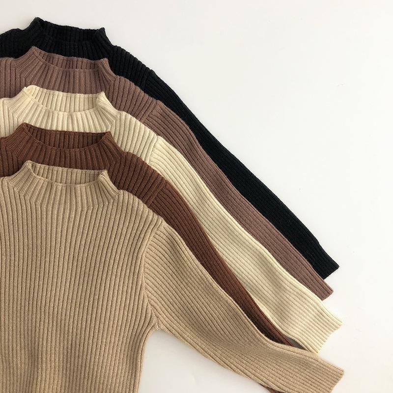 Unisex Earth Tones Ribbed Semi-High Neck Stretch Sweater for Kids – Slim Fit Korean Style Knit T-Shirt