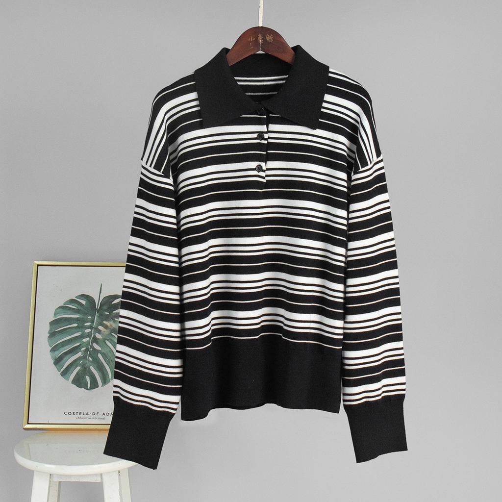 Autumn American Retro Striped Sweater Women's Collar Knit T-shirt Slimming Design Office Versatile Knitted Undercoat Top