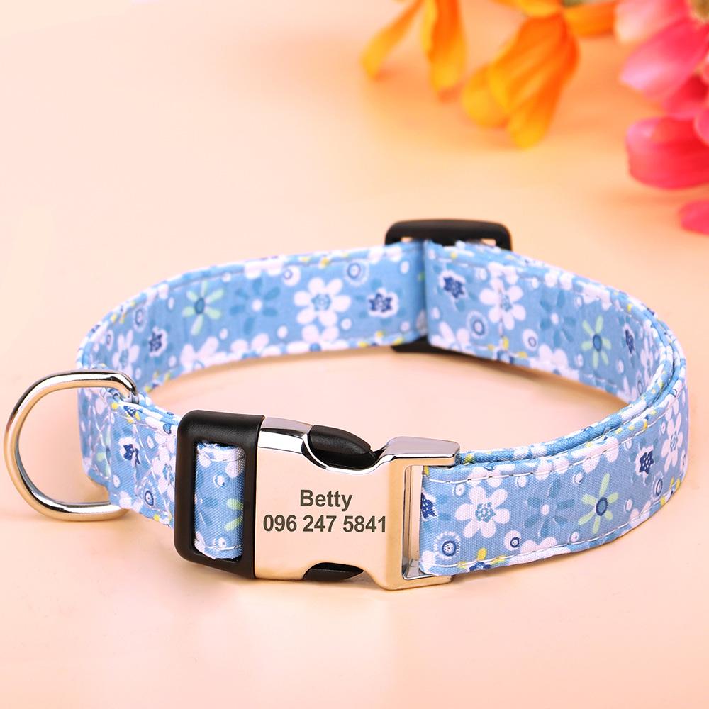 Nylon Flower Dog Collar Personalized Floral Print Dog Puppy Collars Customized Pet ID Collars for Small Medium Large Dog Pitbull
