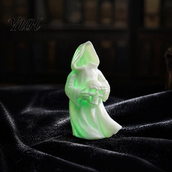 Desktop Scary Decor 3D Printed Glow In The Dark Skull Ornament, Gothic Hooded Ghost Statue Luminous Spooky Figurine for Halloween Decoration,