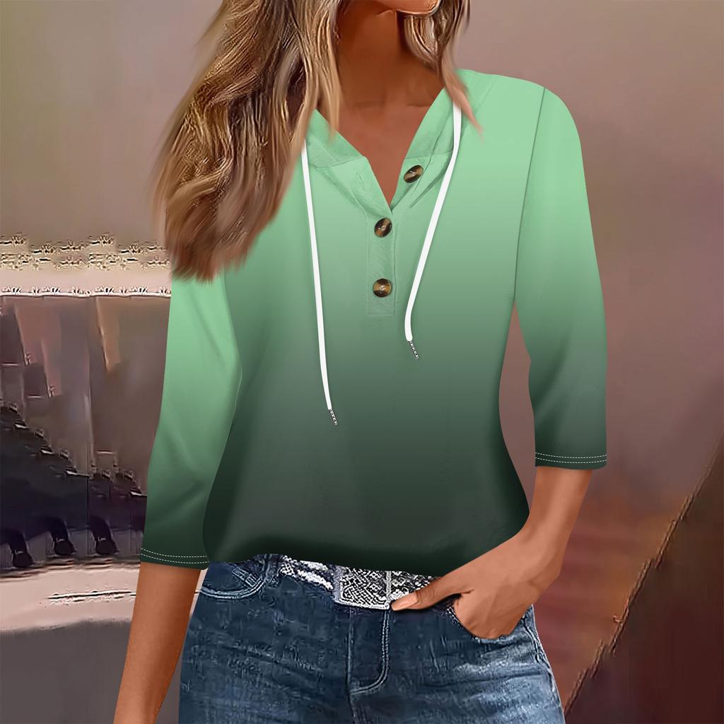 Women's Fashion Seven Split Sleeve Button Casual Hooded Printed T-Shirt Top