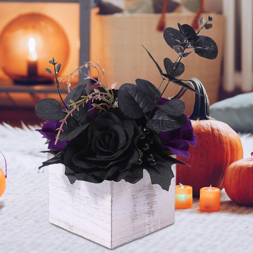 Artificial Bouquet with Wooden Vase Halloween Flower Wooden Box Black Artificial Flowers Bouquet Fake Flower Decoration