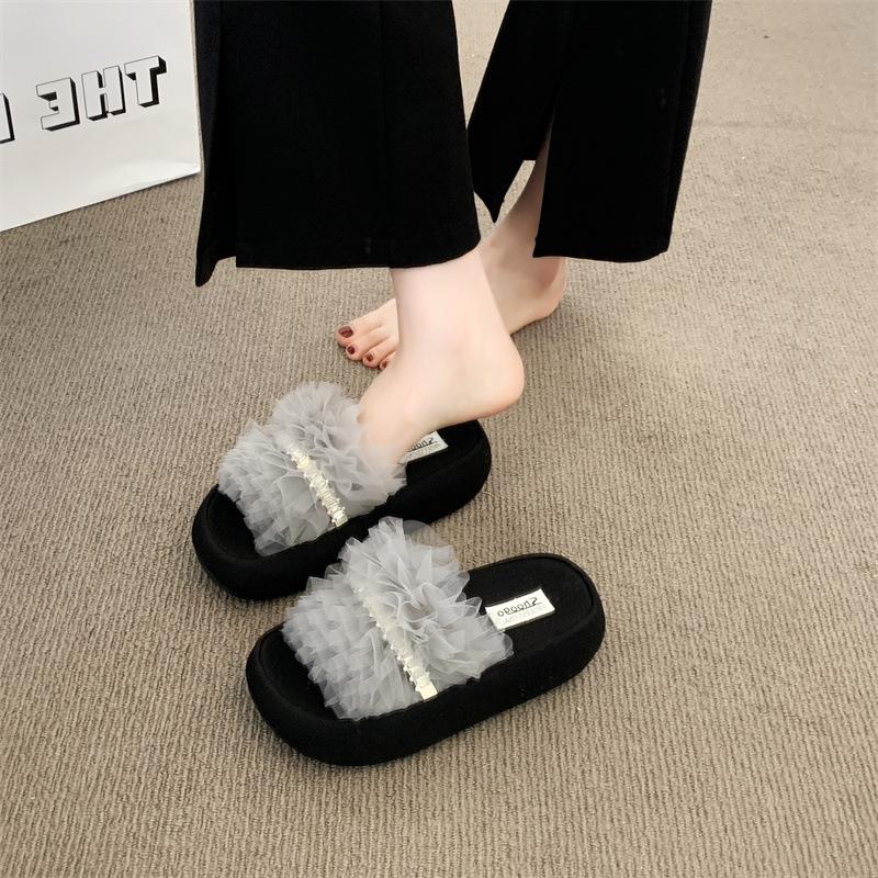 Mesh Thick-bottomed Cool Slippers Women's 2025 Summer Casual Fashion Lace Edge Mesh Yarn Wearing Women's Cool Slippers