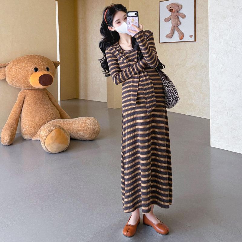 Spring Maternity Striped Shawl & Slim Long Dress Two-Piece Set XL