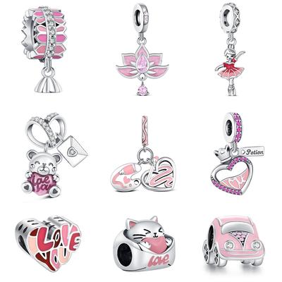 Copper Charms Zircon Pink Love Heart Pendants Beads Fit Originalbracelet Bangle Diy Jewelry For Women Gift