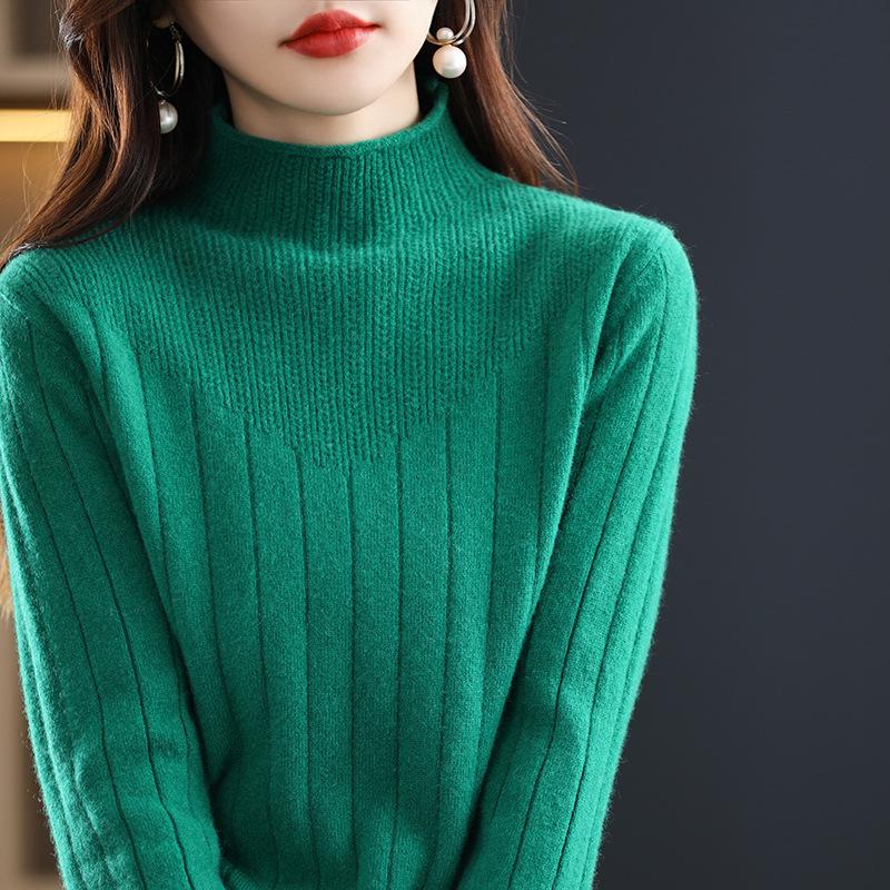 Women's Thickened Half-High Collar Pure Wool Sweater - Loose Knit Base Layer for Autumn/Winter