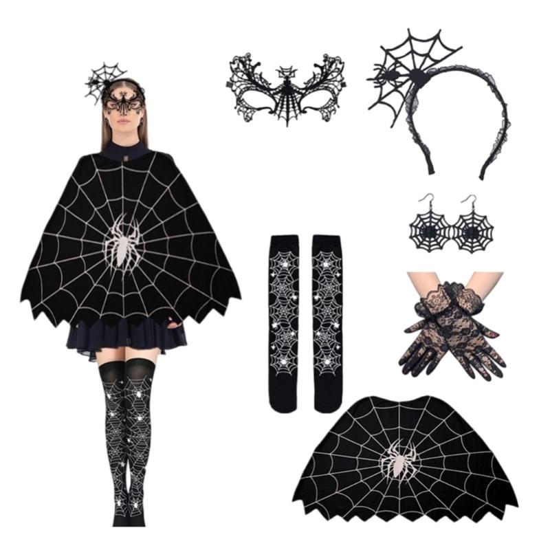 Spiders Web Poncho Dress Lace Gloves Earring Headband Stockings for Halloween Party Spiderweb Costume Accessories