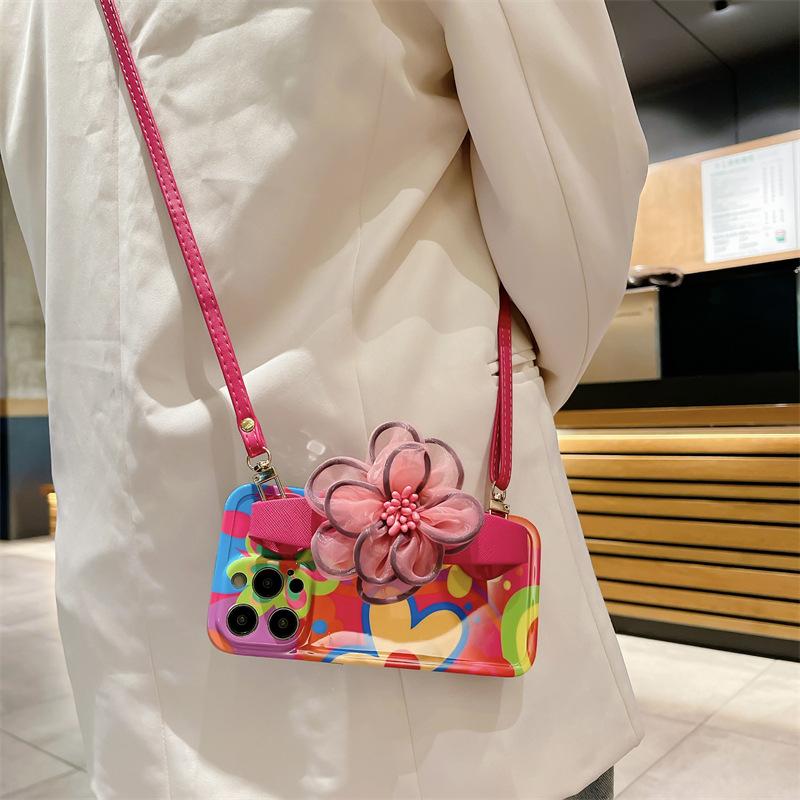 Smiley Face Wristband Bracket Is Suitable for Apple 16 Mobile Phone Case, Color Graffiti IPhone15 Messenger 14promax Soft Case.