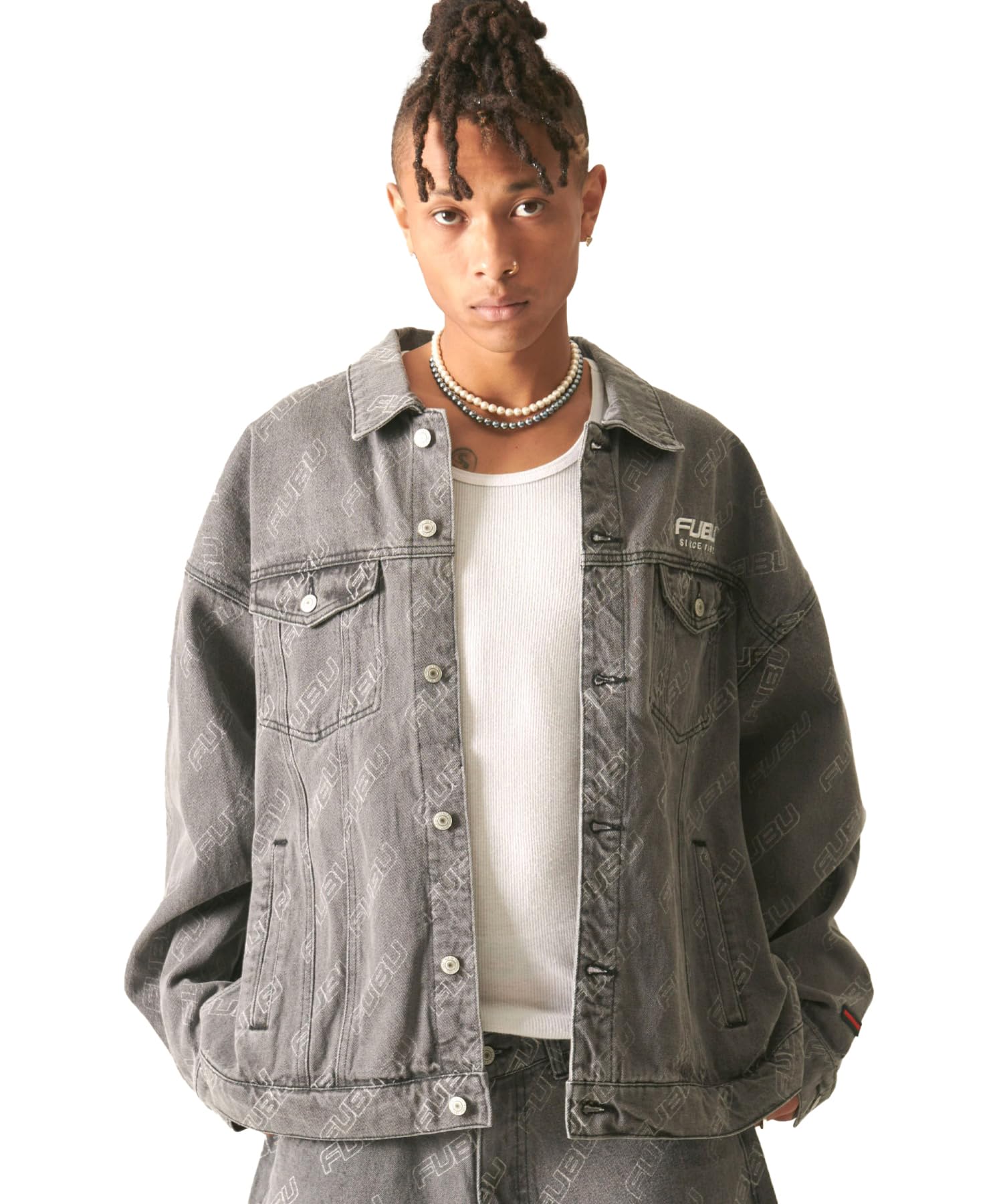 FUBU brand logo embroidered print washed cotton oversized denim all-over jacket/jumper (fam-42308)