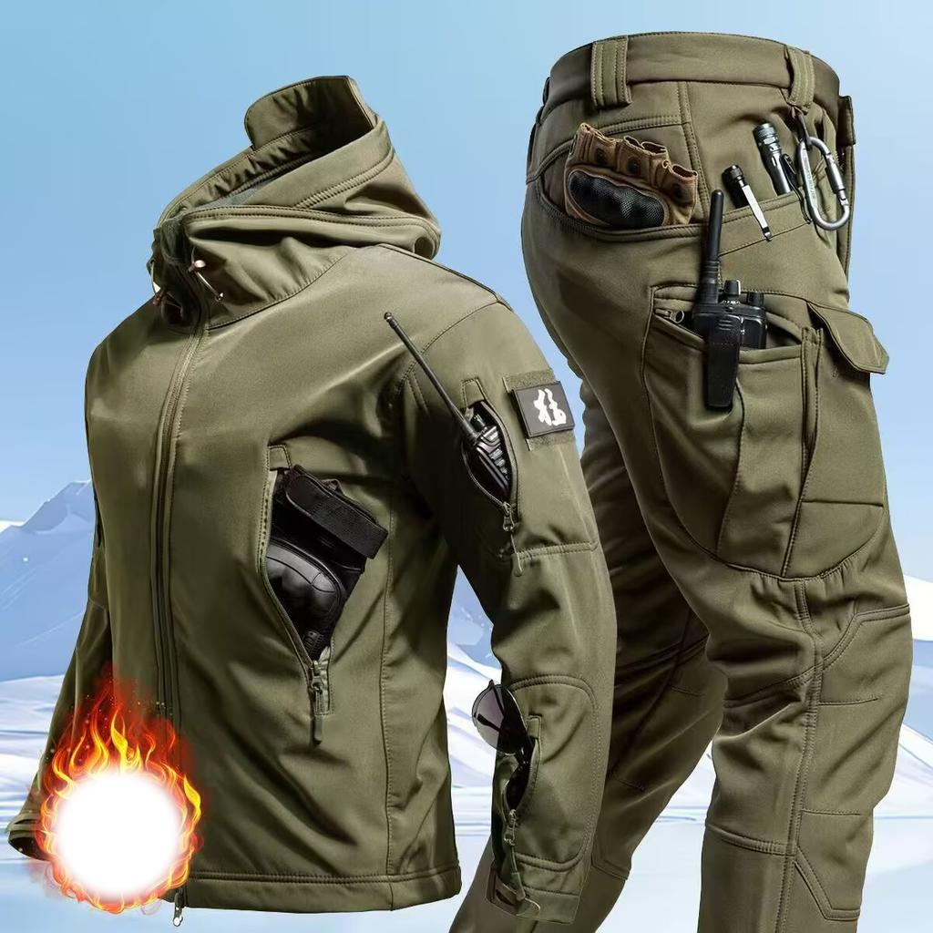 Tactical Waterproof Men Camo Set Soft Shell Fleece Winter Combat Suit Windbreak Warm Multi Pocket Outdoors Training Uniform