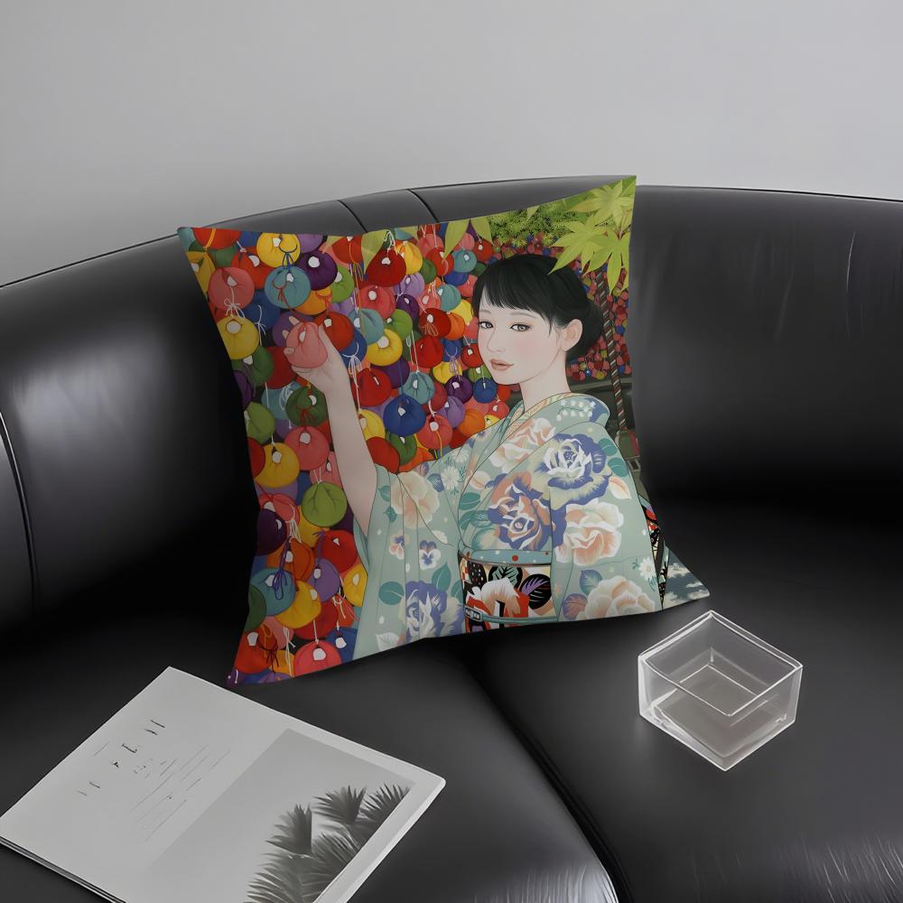 Kimono Girl Japanese Style Cushion Cover Pillowcase Ultra Soft Skin Friendly Fabric Cloud Like Comfort & Concealed Zipper
