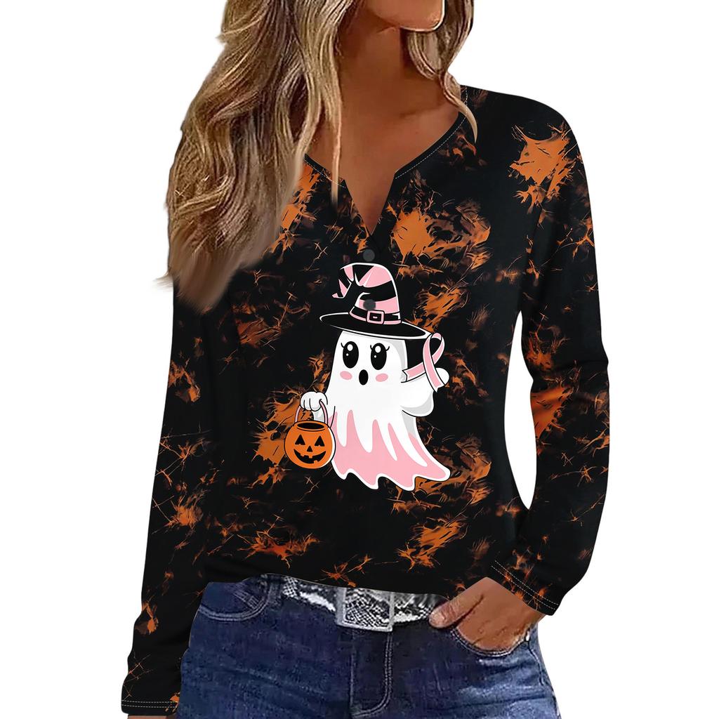 Women's Casual Halloween Print V-Neck Long Sleeve T-Shirt with Decorative Buttons
