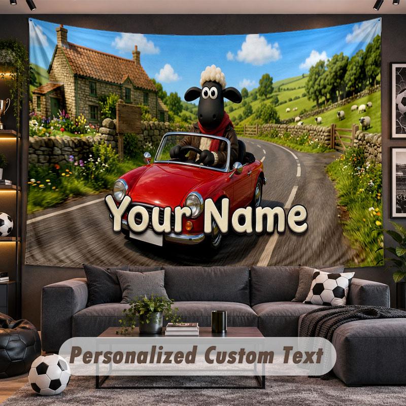 Wall Hanging Tapestry Custom NameShaun the Sheep Pattern Personalized Printed Fabric Wall Decor