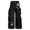 Unisex Cargo Wide-Leg Pants With Leopard Patch Embroidery Cotton Utility Trousers Loose Fit Streetwear