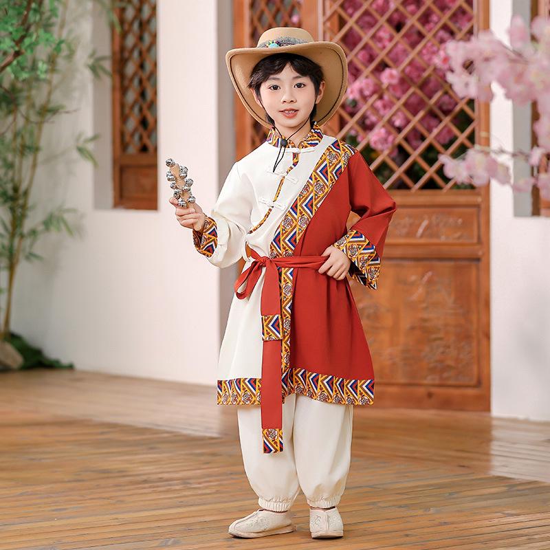 

Детский красный костюм в китайском этническом стиле - с длинным рукавом, цветной блок, унисекс, для выступлений Height 90cm
