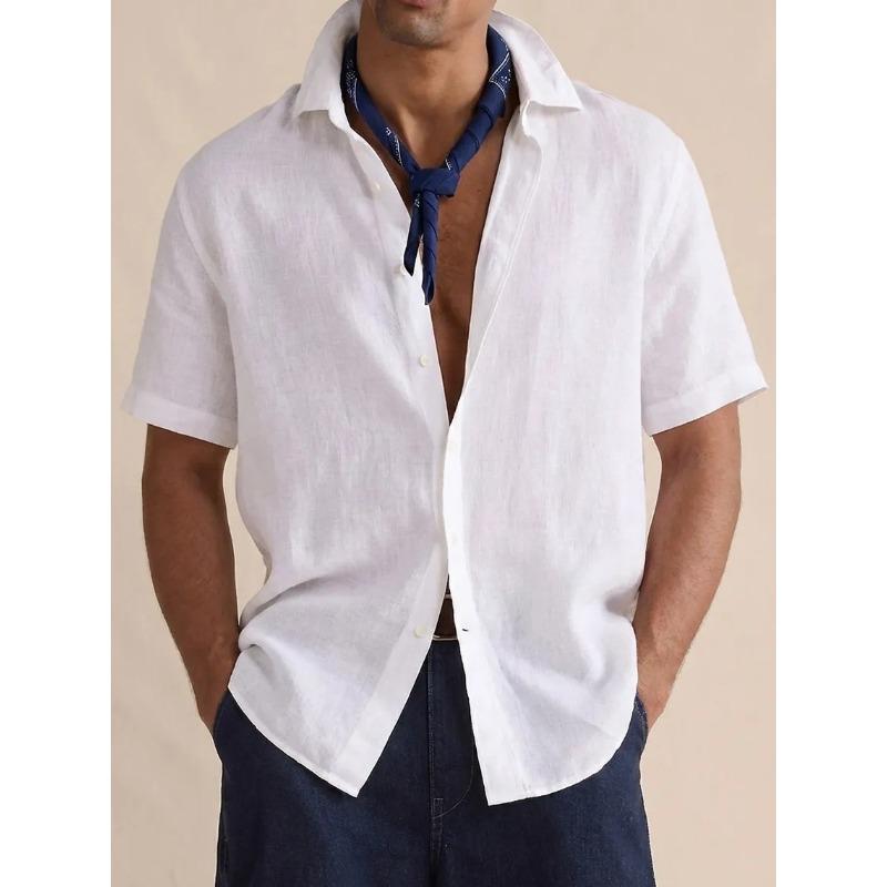 Mens Casual Solid Color Linen Short Sleeve Button Up Shirt S