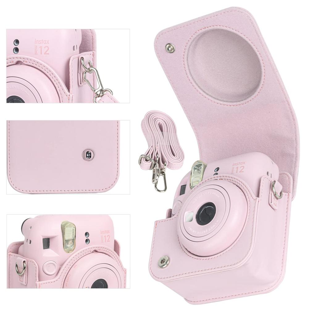 New Model Instax Mini 12 Case, Full Protection, Scratch Resistant, Portable, with Shoulder Strap, PU Leather (Pink)