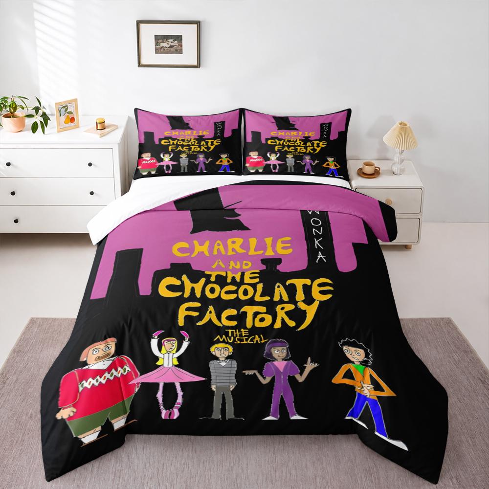3 Piece Bedding Set Charlie Chocolate Factory Musical Wonka Pink Black Print Duvet Cover for Adult Fan Gift