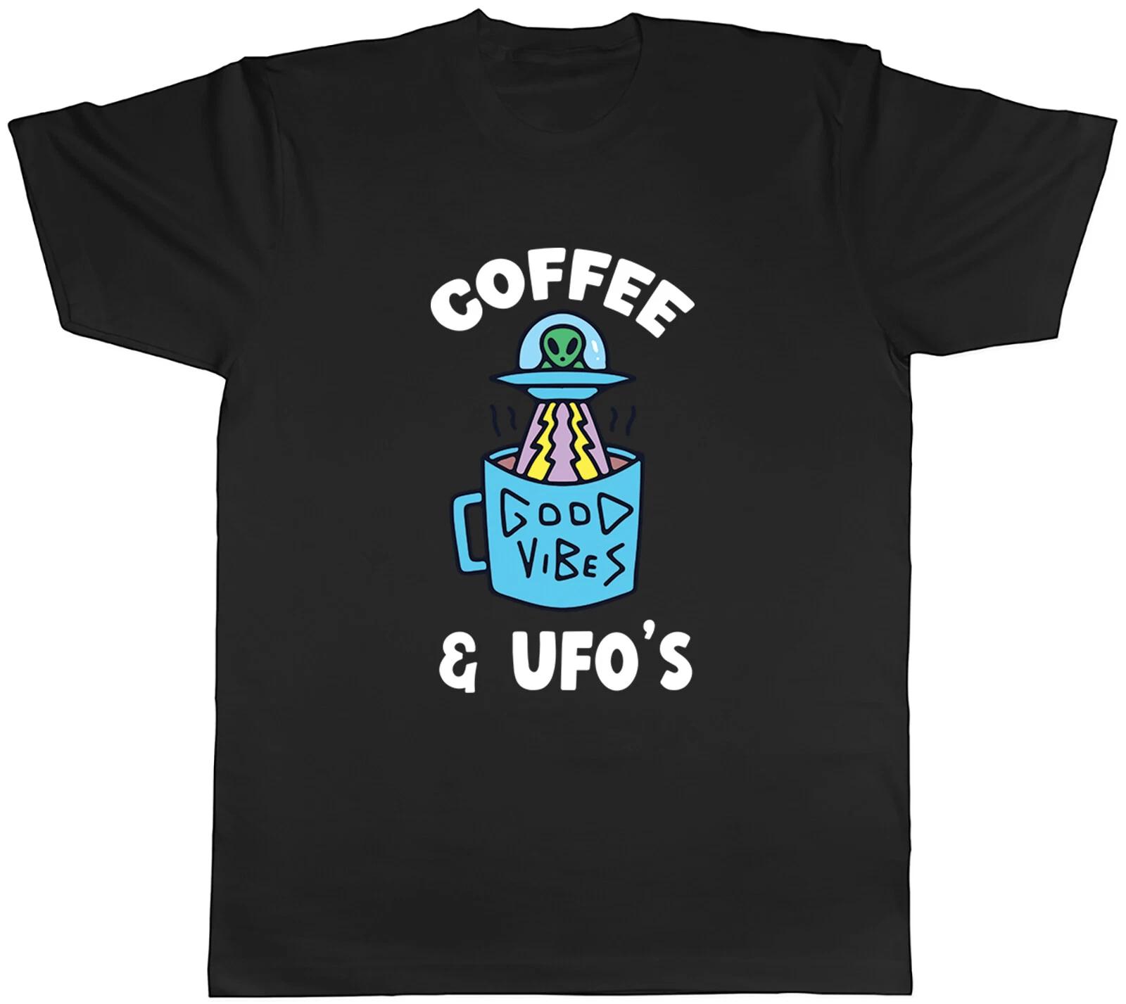 Funny Coffee & UFO s Mens T-Shirt Good Vibes Aliens Flying Saucer Tee Gift L