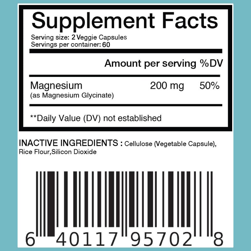 Pslalae Magnesium Glycine Capsules, 200 mg per serving, essential minerals, nutritional supplement.