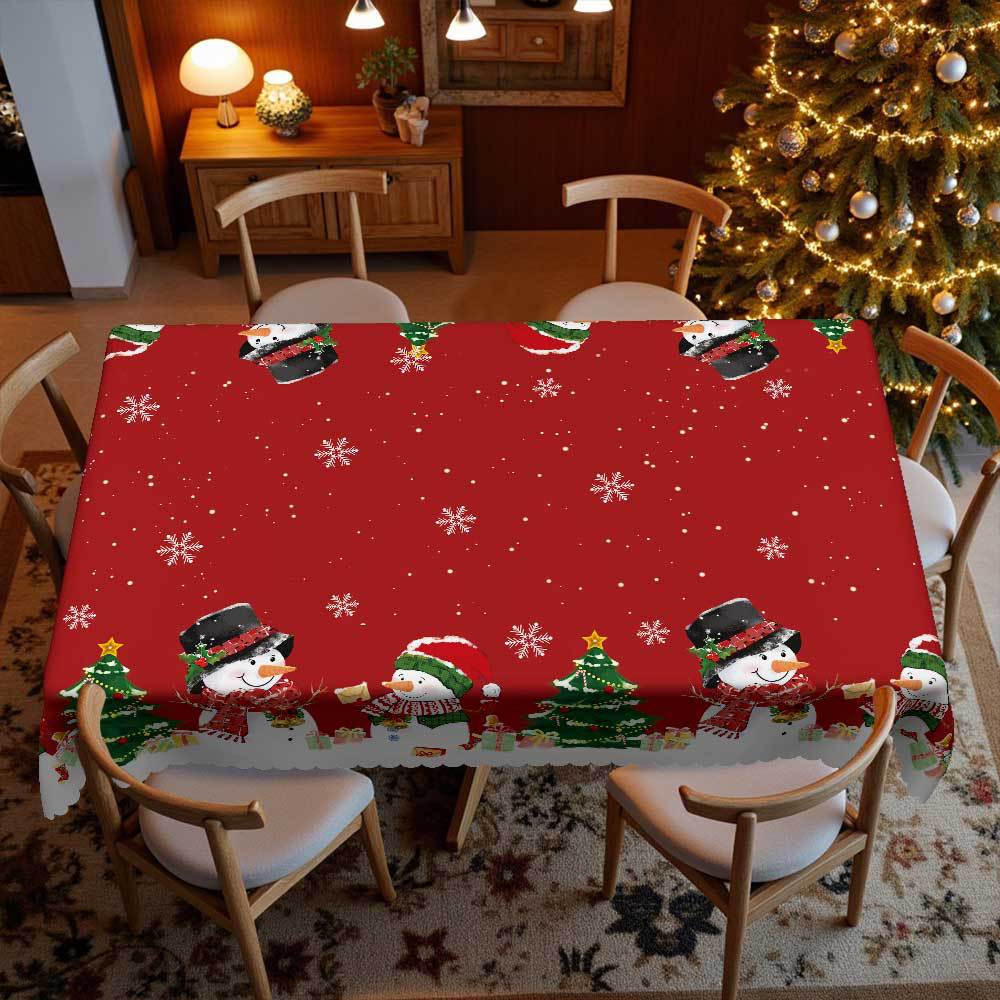Christmas Tablecloth, Christmas Red And White Tablecloth, Snowman Christmas Tree Gift, Waterproof Wavy Edge, Home Table Decoration