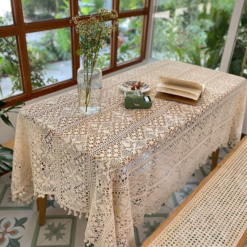 Handcrafted Floral Lace Polyester Tablecloth, Square French Vintage Lace Edge Design for Dining, Coffee Table & Party Decor