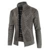 Stand Collar Long Sleeves Fleece Lining Sweater Coat Men Autumn Winter Geometric Pattern Zipper Placket Knitted Outerwear