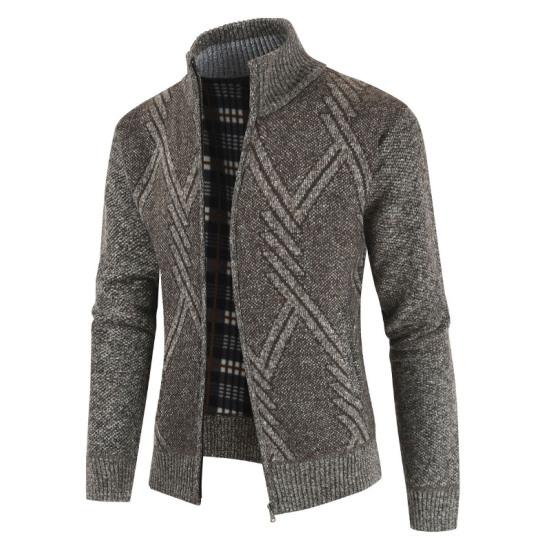 Stand Collar Long Sleeves Fleece Lining Sweater Coat Men Autumn Winter Geometric Pattern Zipper Placket Knitted Outerwear