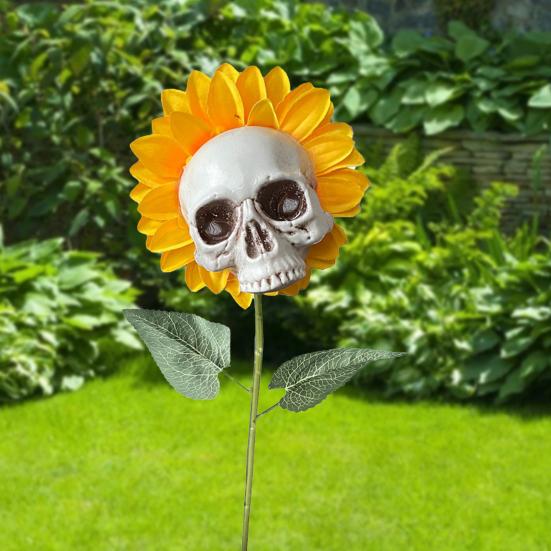 

Funny Skeleton Statue Horrified Decor Faux Sunflower Resin Innovative Stake Skull Sculpture for Halloween