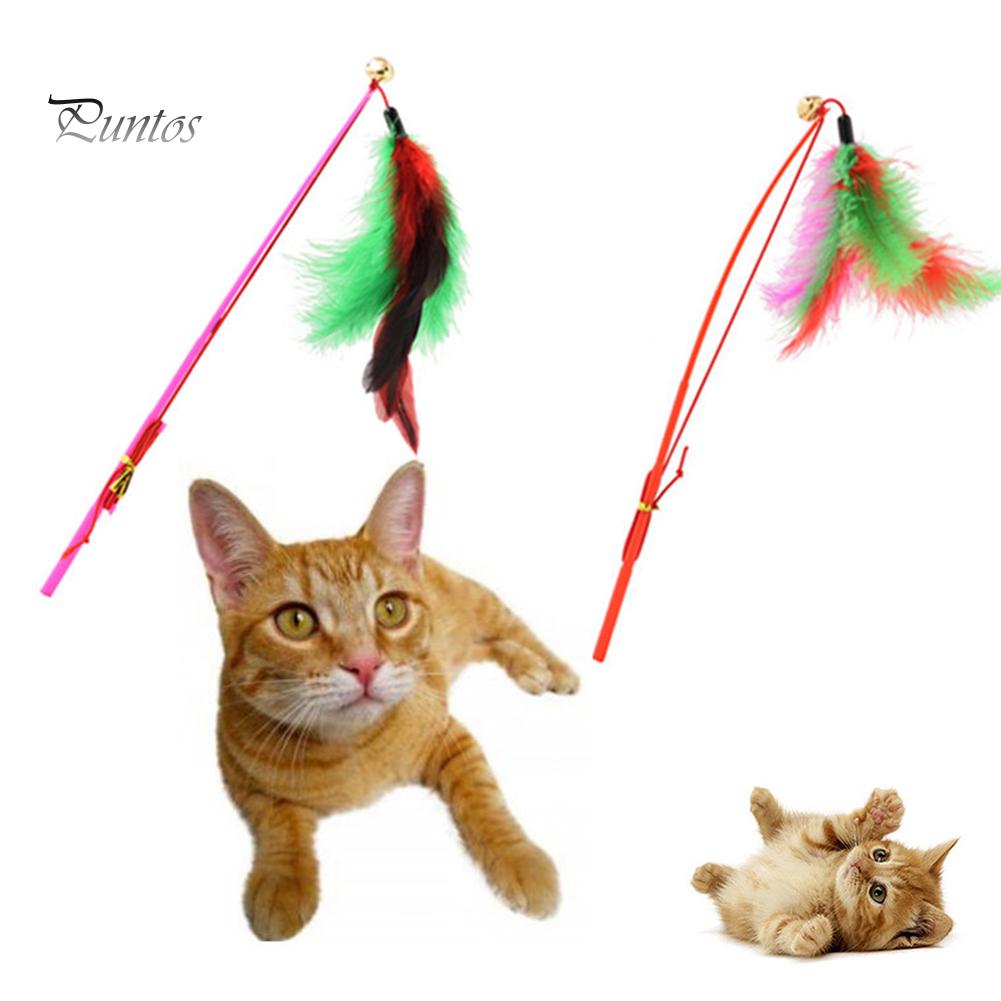 Puntos Pet Cat Puppy Teaser Bell Feather Retractable Stick Rod Funny Interactive Toy