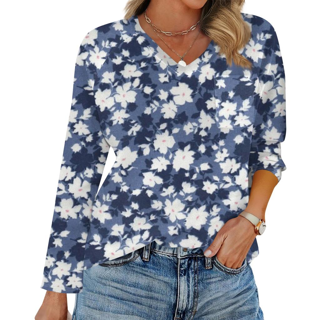 Dam Raglan Långärmad V-ringad T-shirt Sömnad Enfärgad Casual Topp Pullover V-ringad Ficka Underdel