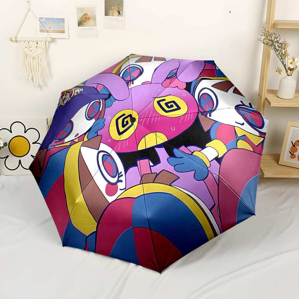Pomni Cartoon Characters Compact Travel Automatic Umbrella with 8-Rib Durable All-Season Umbrella for Travel Fashion Lovers Wedding Party Gift