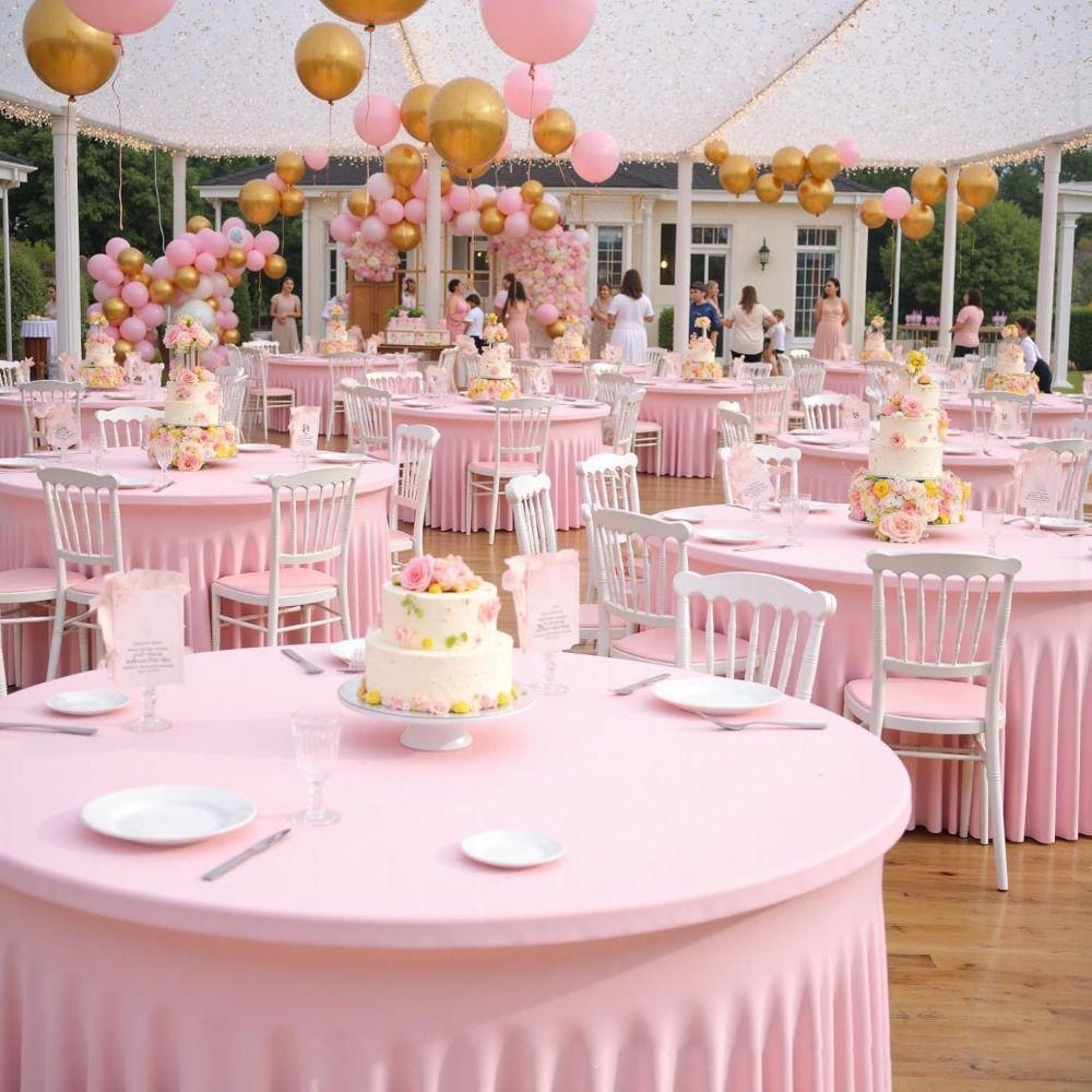 Washable Round Tablecloth Stretch Fitted Stain Resistant Stretch Tablecloth Elastic Ruffle Pleated Skirt Table Cover