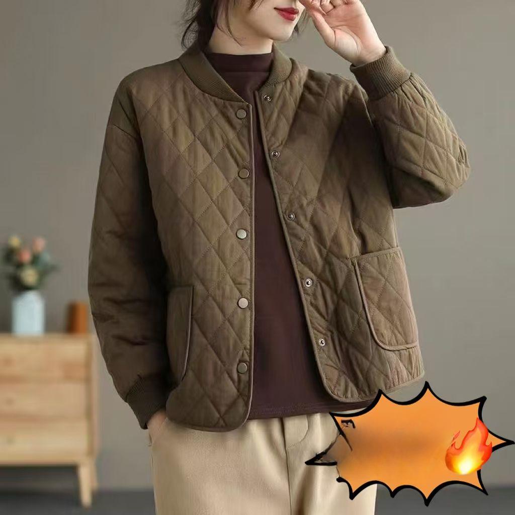 High-End Short Loose Long Sleeve Light Quilted Cotton Jacket Winter Solid Color Cotton-Padded Jacket Casual Plus Size Home Cotton Coat