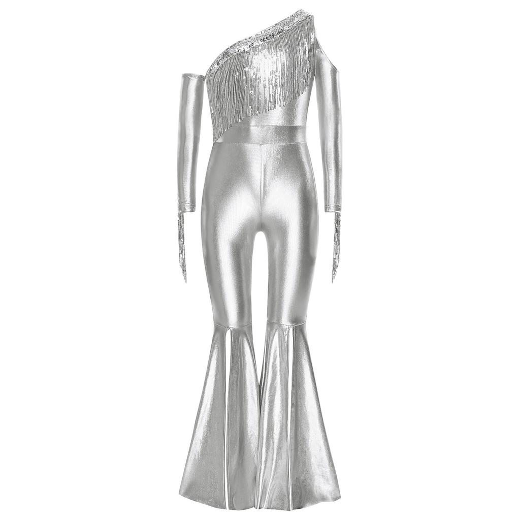Flickor Metallisk Glänsande Tävlingsdräkt Off Shoulder Långärmad Paljett Tofs Design Klockben Delade Ben Jumpsuit