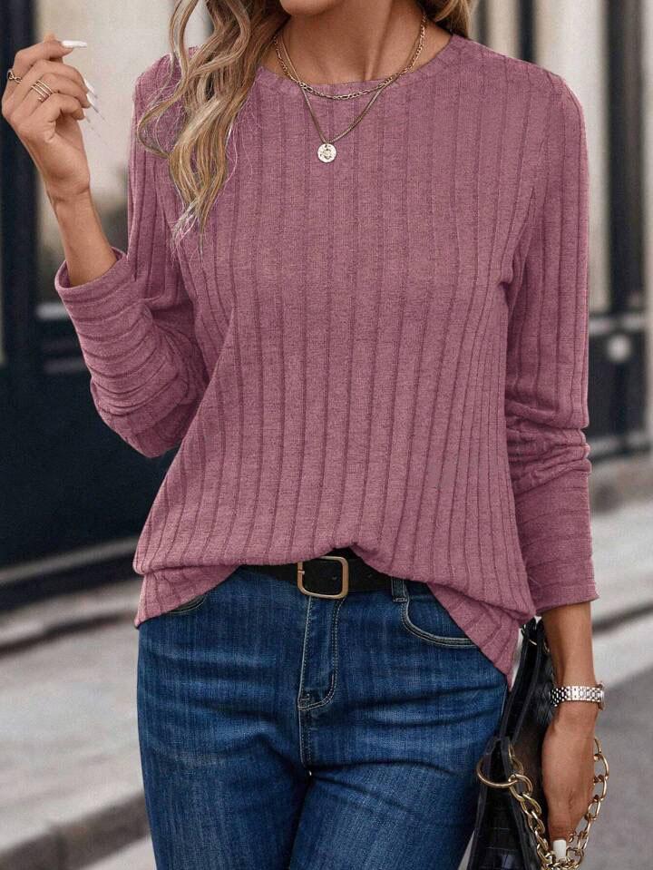 Solid Color Comfortable Crew Neck Pit Strip T-Shirt Spring and Autumn Casual Long Sleeve Top Women's Clothing