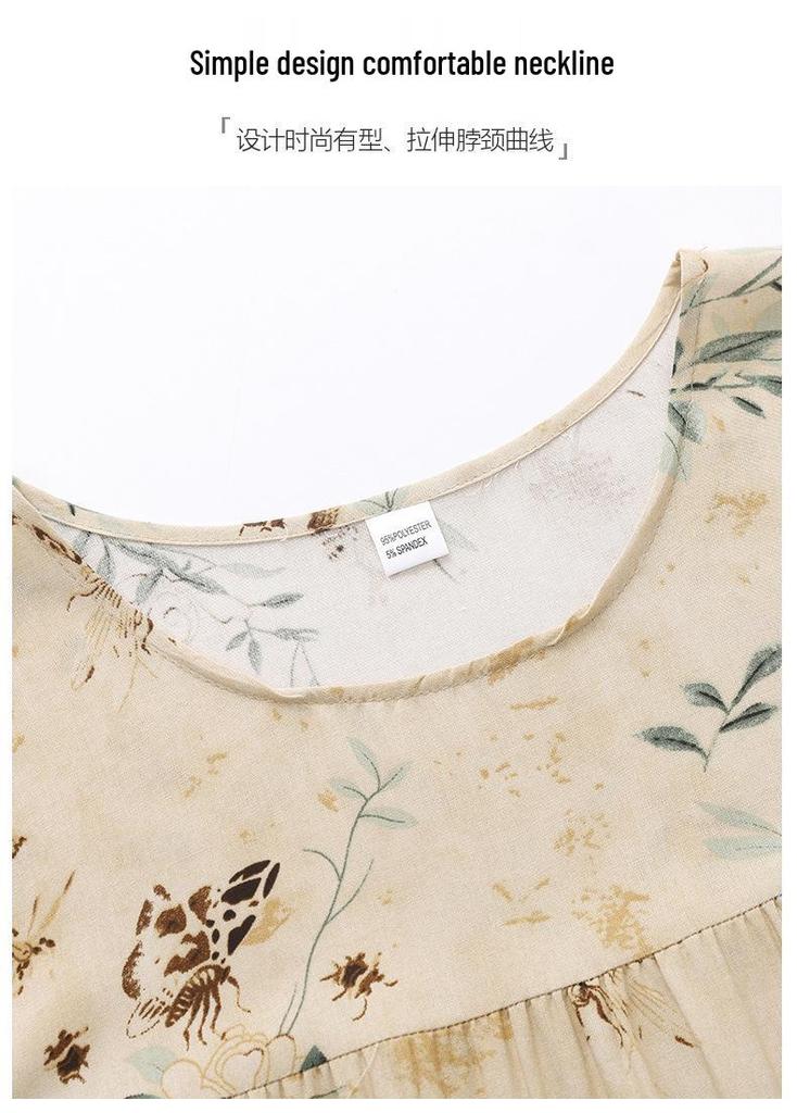 Women's Floral Print Cotton Silk Knee-Length Dress - Plus Size, Short Sleeve, Lightweight & Loose for Middle-Aged & Elderly