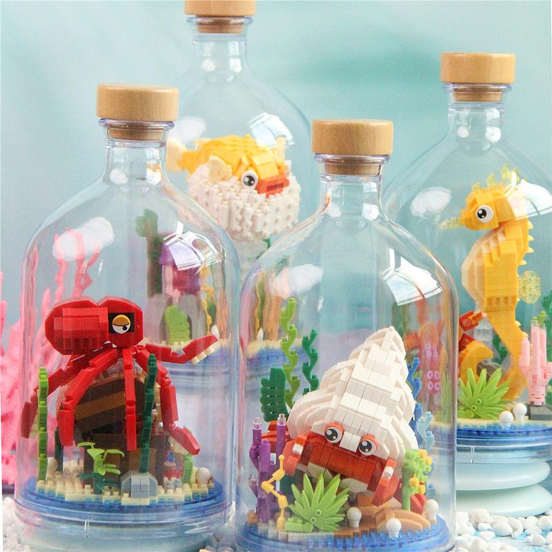 New Product Simulation Animal Series Creative Children's Toys Bottled Building Blocks Flamingo Seahorse Educational Gift Model