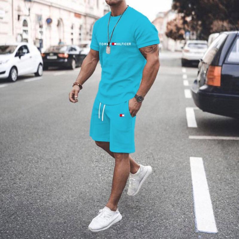 Set Sport Bărbați Două Piese Imprimat 3D Gât Rotund Tricou Model Colorat Imprimare cu Litere Casual Fitness Topuri cu Mânecă Scurtă Pantaloni Scurți