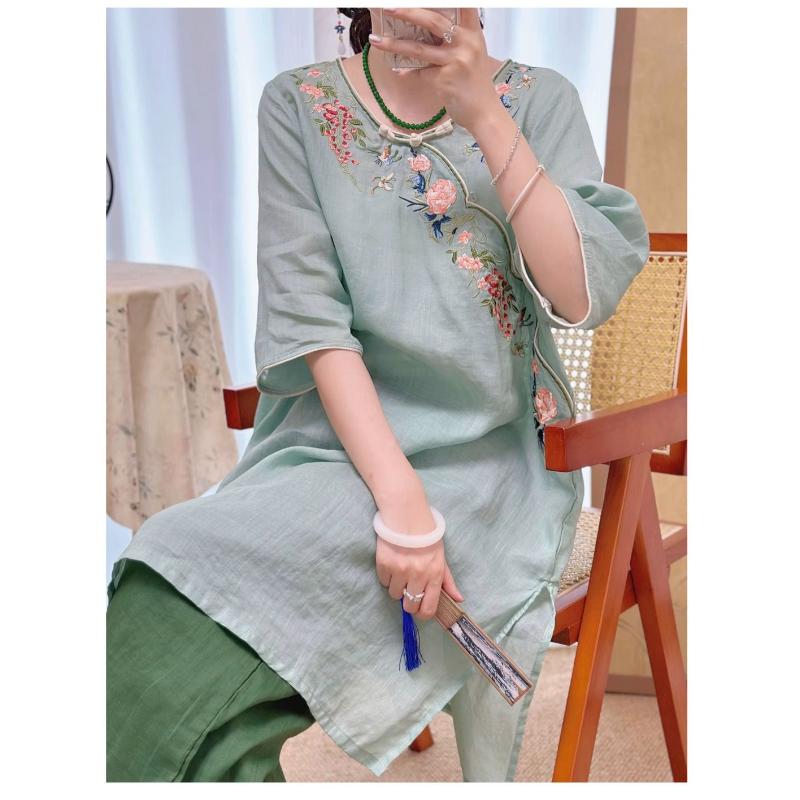 Improved Cheongsam Spring Summer Chinese Style National Cotton Linen Retro Embroidery Zen Tea Dress Mid-sleeve Dress for Women