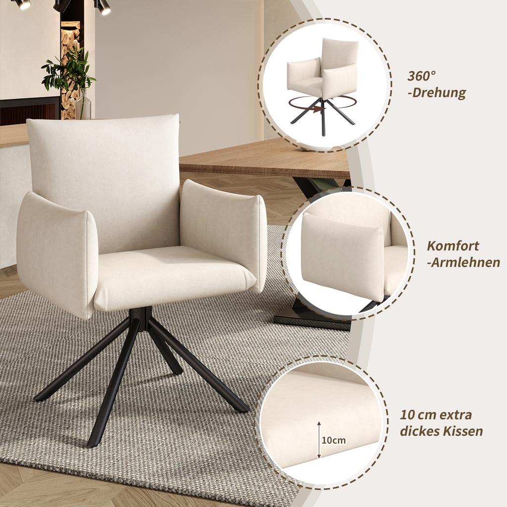 Set of Two Dining Chairs, Upholstered Armchair with 4 Metal Legs, 360 Degrees Casual Swivel Chair, Work and Desk Chair, Lumbar Support, Velvet, Beige