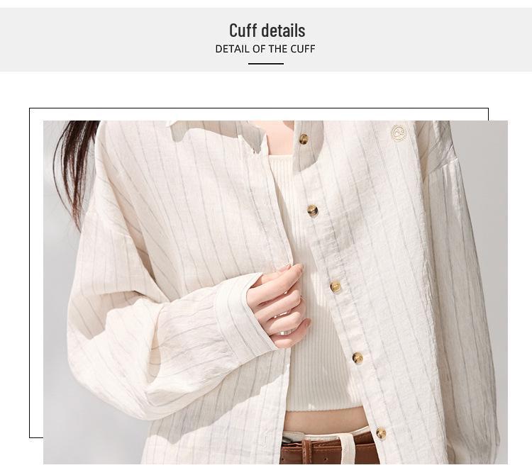 2026 Spring Women's Striped Cotton Linen Sun Protection Shirt - Loose, Long Sleeve, Mid-Length Outerwear Top