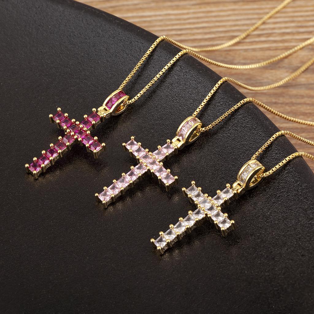 Nidin Hot Sale Square Shape Zircon Jesus Cross Pendant Necklace For Female Male Daily Party Charm Jewelry Wholesale Accessories