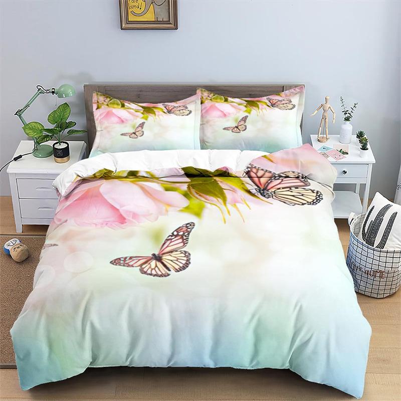 Soft Butterfly Floral Duvet Cover Queen Size For Adults Kids Girls Teens Bedroom Decor Flowers 3D Print Bedding Set Pillowcases